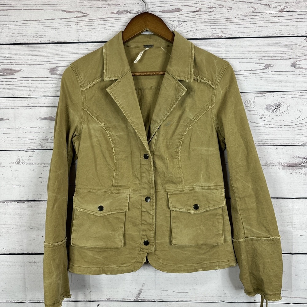 Free People Ruffle‎ Military Twill Jacket Coat Tie Sleeves Khaki Camel Tan Small